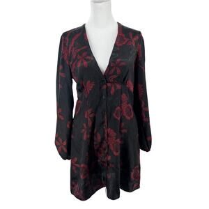 Zara Black Red Floral Mini Dress Womens Small Long Sleeve Button Front